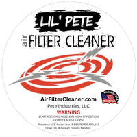 Lil' Pete air filter cleaner label with branding and product details.
